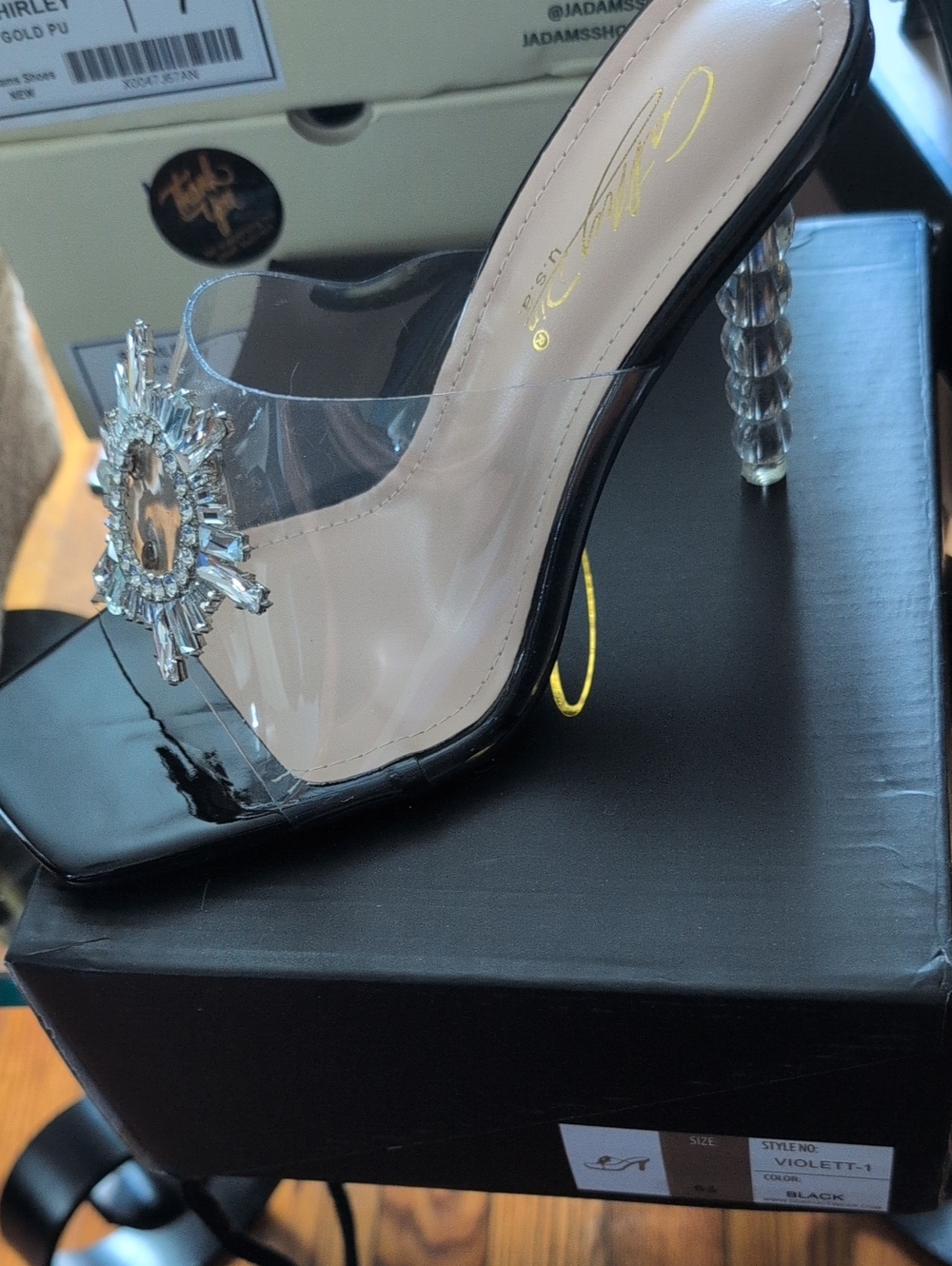 Violette Clear-Strap Black Patent Mule with Crystal Brooch